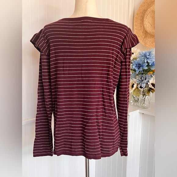 a.n.a Burgundy & Grey Striped Sweater Long Sleeve Ruffle. - Picture 2 of 9